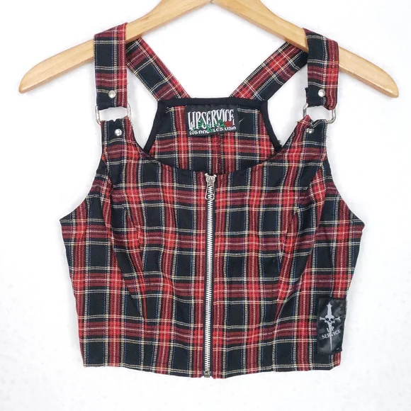 Rare Vintage Lip Service Plaid Punk Zip Up Goth Top - Picture 1 of 10